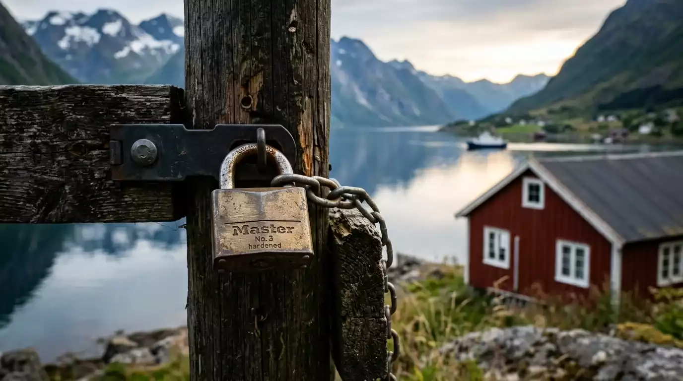Norsk flagg og en lukket hengelås som symboliserer blokkeringen av ecoPayz for gambling i Norge